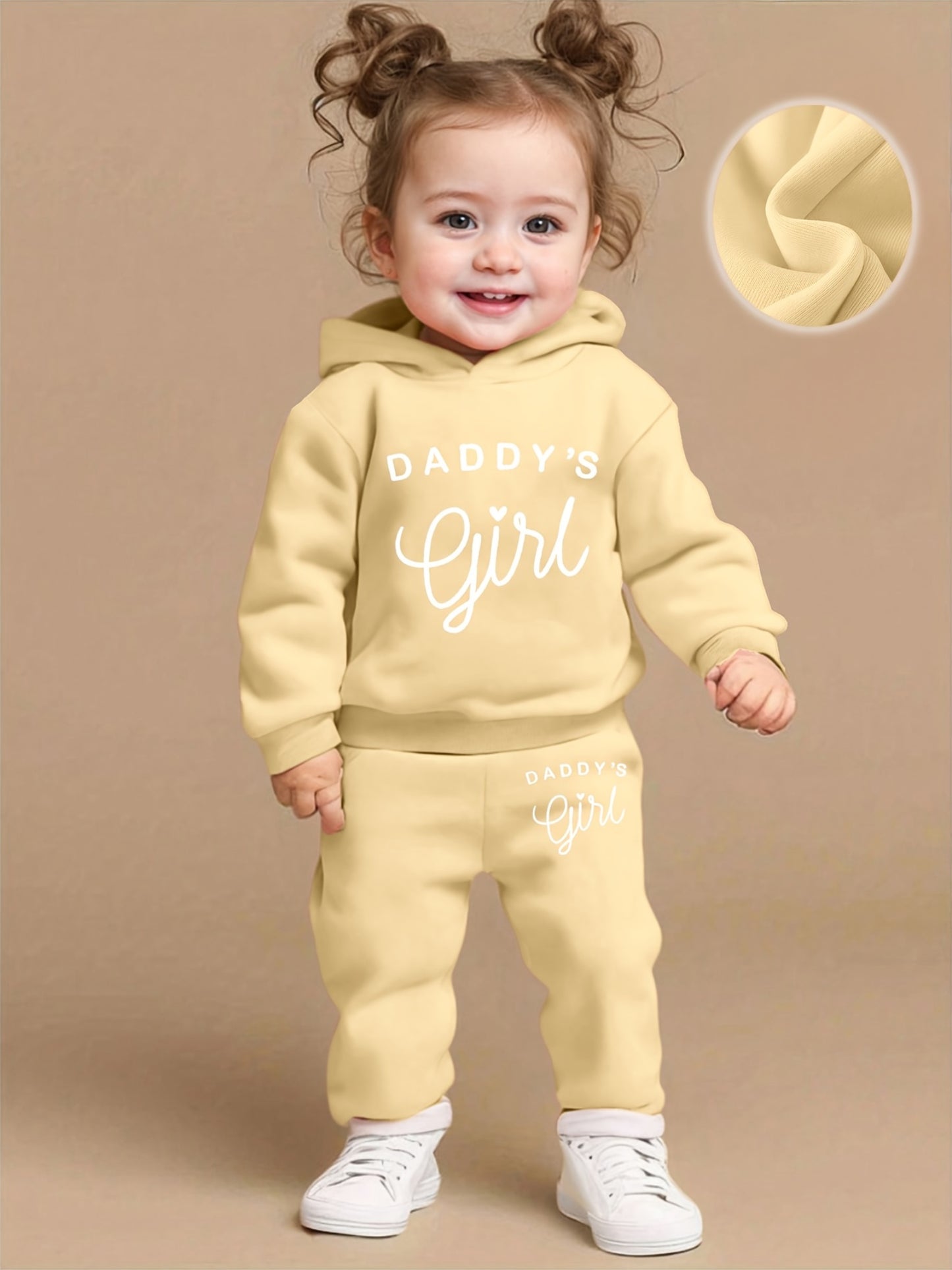 Baby Girl DADDY'S GIRL Letter Print Hoodie & Joggers Set - Soft Yellow Casual Spring/Fall Outfit with White Sneakers, Perfect for Outdoor Play & Family Gatherings, Baby Girl Clothes, Playful Babywear, Comfortable Babywear, fo