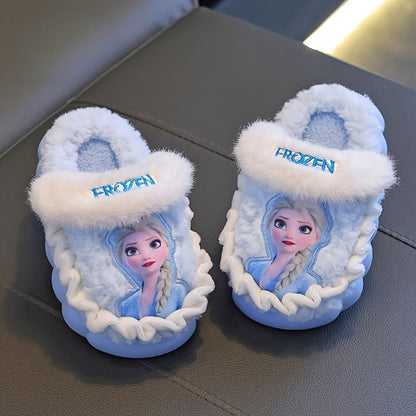 Pair of Frozen Elsa Princess Plush Slippers with Disney Elsa Design, Warm Fleece-Lined Indoor/Outdoor Shoes for Girls - New Autumn/Winter Cute Cartoon Princess Style Printed Fluffy Slippers in Sky Blue and Lilac Colors, Perfe