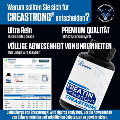 Creatine Monohydrate CreaStrong, 120 Creatine Tablets for Pre-Workout, Intra-Workout, and Post-Workout, Alternative to Creatine Capsules, Creatine Gummies, Creatine Powder, Vitastrong Creatine Tablets