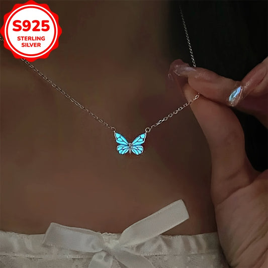 925 Low-Allergy Butterfly Glow Necklace for Women, Featuring a Blue Luminous Butterfly Pendant, Versatile And Elegant, Perfect for Gifting with an Anti-Oxidation Box.