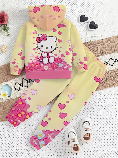 Sanrio 2pcs Girls' Set | for Hello Kitty Floral Heart Digital Print Design, Long Sleeve Hooded Sweatshirt and Pants Outfit, Kids Clothing Gift, Suitable for Autumn/Winter Season, Casual Sportswear Set, Perfect for Outdoor Use