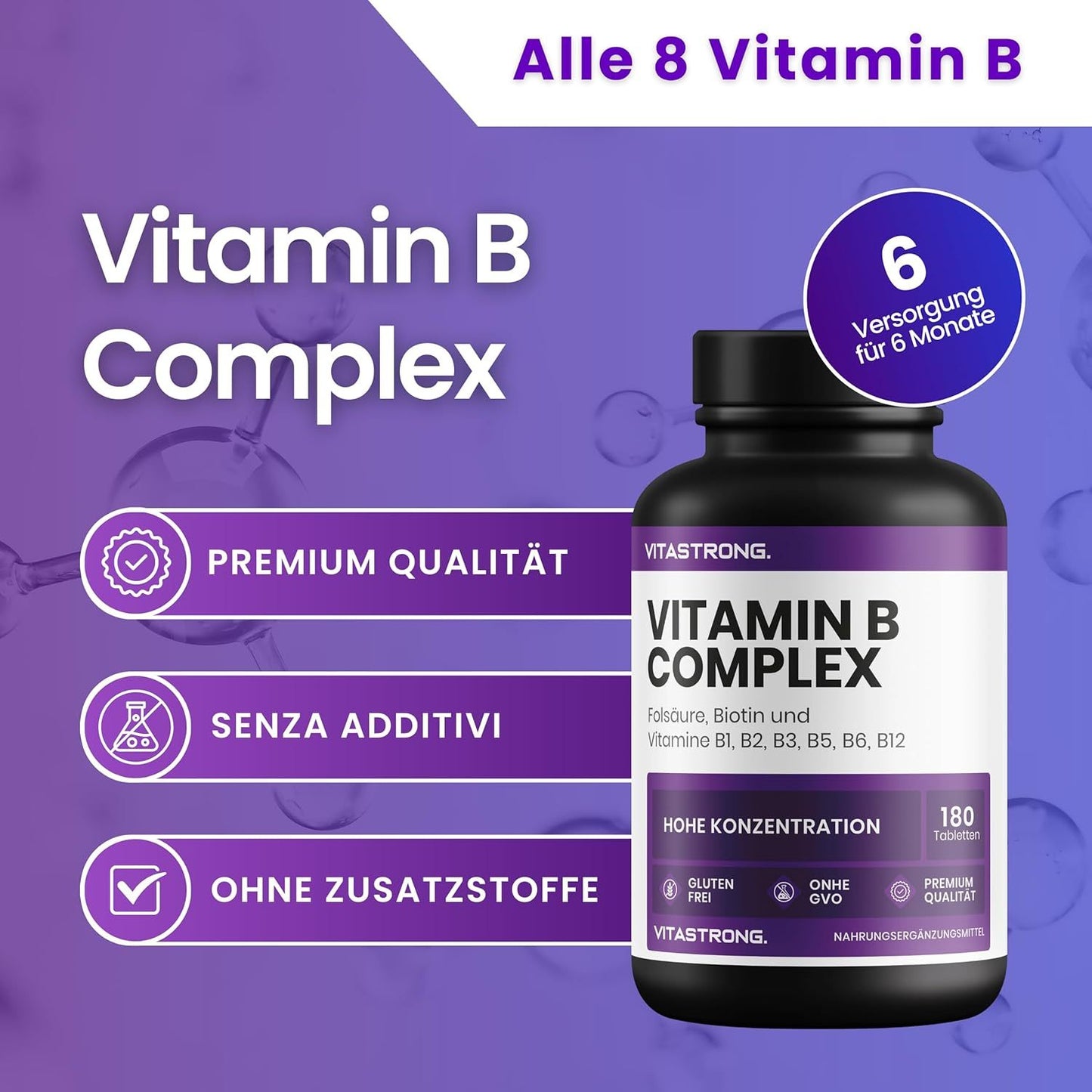 High-Dose Vitamin B Complex Vitastrong, 1 per Day, 180 Vitamin B Group Biotin, Thiamine Vitamin B1, Riboflavin B2, Niacin, Pantothenic Acid, Vitamin B6, B12