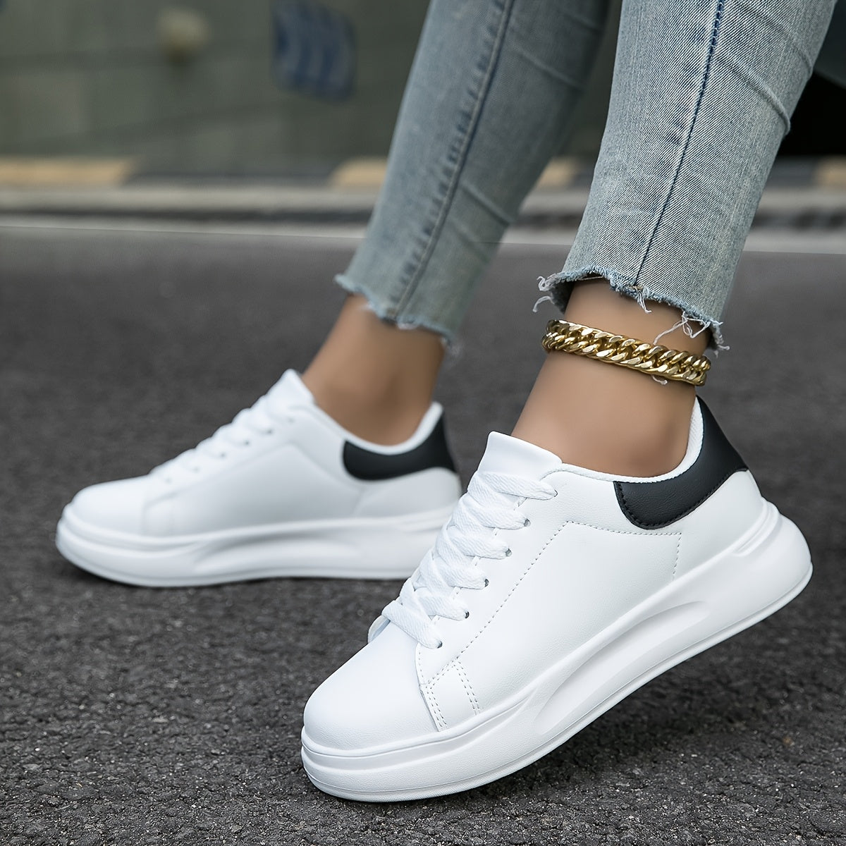 Women'S Fashion Casual Skate Shoes, All-Season Comfortable Sports Sneakers, Breathable, Lightweight, Non-Slip Lace-Up White Shoes