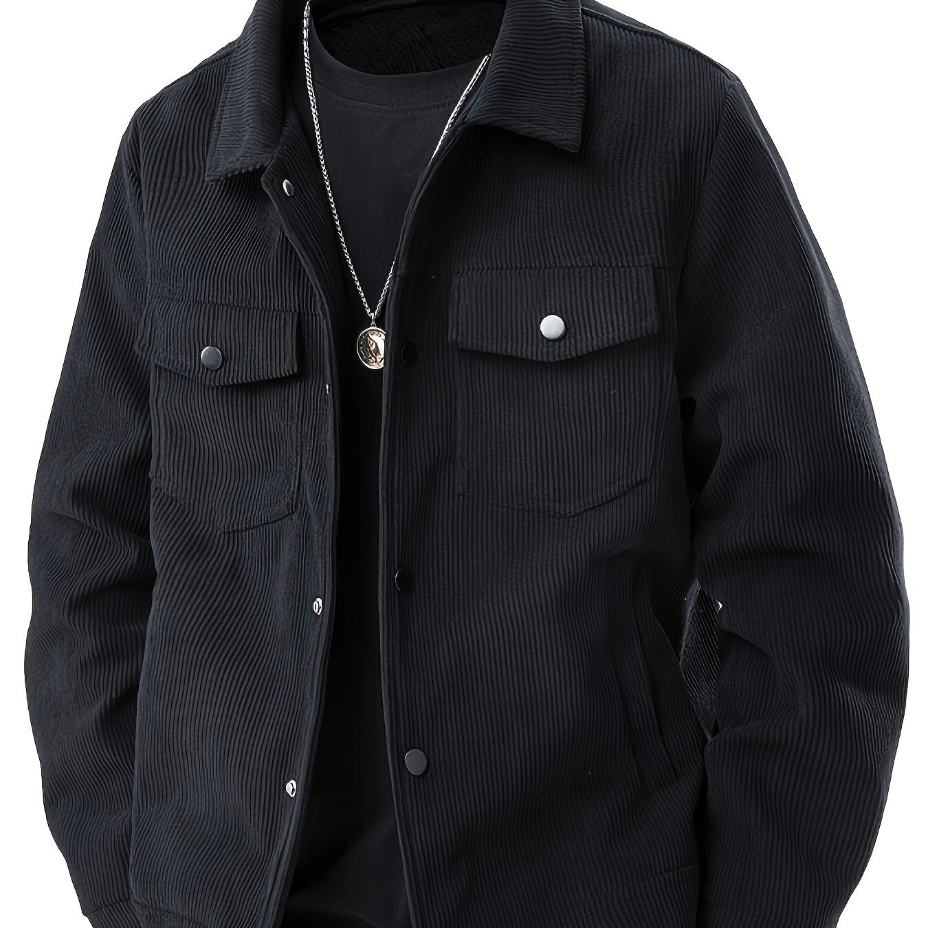 Men'S Plus Size Corduroy Bomber Jacket - Casual Workwear with Snap Buttons, Flap Pockets, and Polyester Lining - Machine Washable, Autumn & Spring Fashion, Casual Outerwear | Casual Jacket | Polyester Lining Jacket