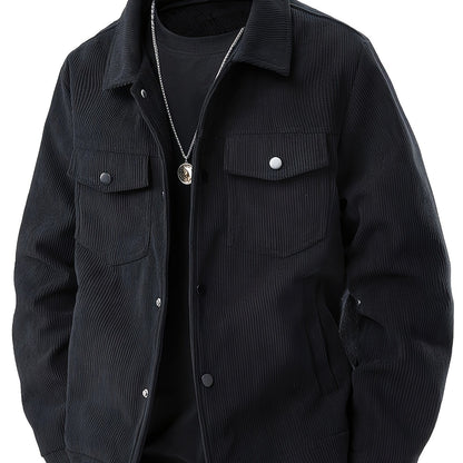 Men'S Plus Size Corduroy Bomber Jacket - Casual Workwear with Snap Buttons, Flap Pockets, and Polyester Lining - Machine Washable, Autumn & Spring Fashion, Casual Outerwear | Casual Jacket | Polyester Lining Jacket