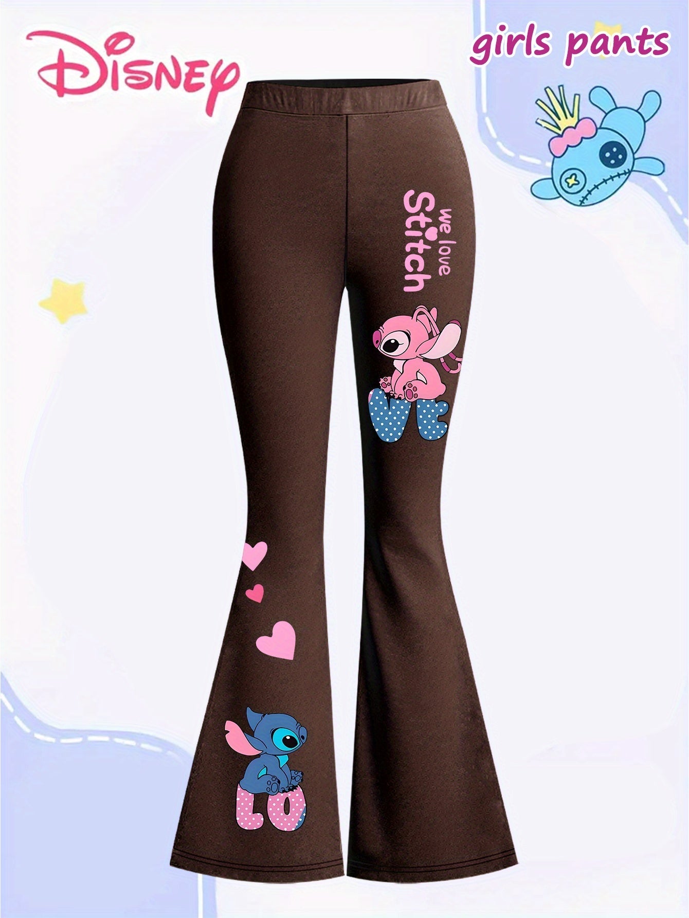 Disney Stitch Girls' Flare Pants - Official Stitch Character Design with Bell Bottoms, Grey with Pink Accents, Machine Washable Birthday Outfit for Disney Fans (Kids Girls) - Perfect Gift for Stitch Lovers, Everyday Kids Clot