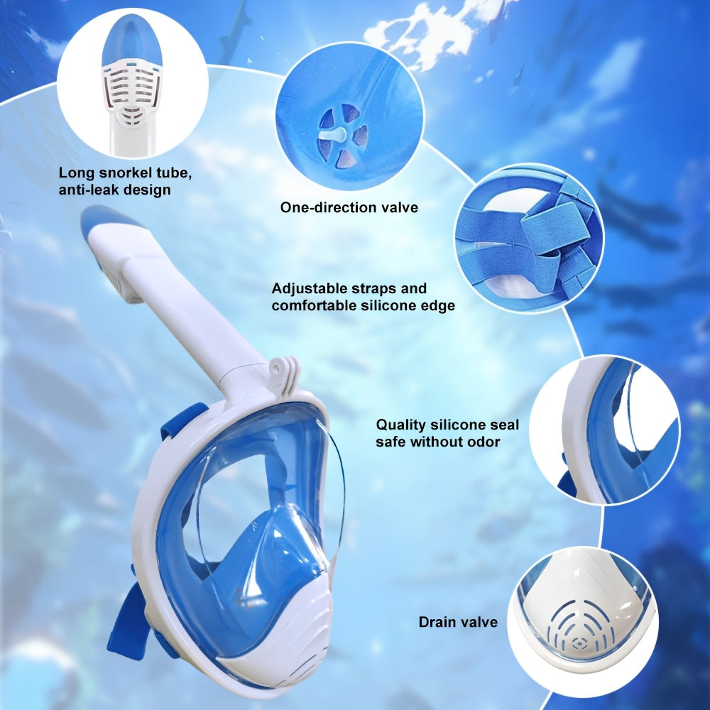 Adult Full-Face Snorkeling Mask with 180° Wide-View Panoramic Design, Detachable Camera Mount & Leakproof Seal - Black, 2 Sizes for Men & Women, Beach Vacation Gear, Durable Snorkeling Gear