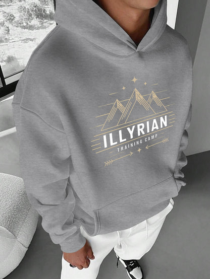 Men's ILLYRIAN TRAINING CAMP Hoodie - Cozy Fleece Sweatshirt with Mountain & Stars Print, Green Casual Pullover for Fall/Winter, Loose Fit, Machine Washable