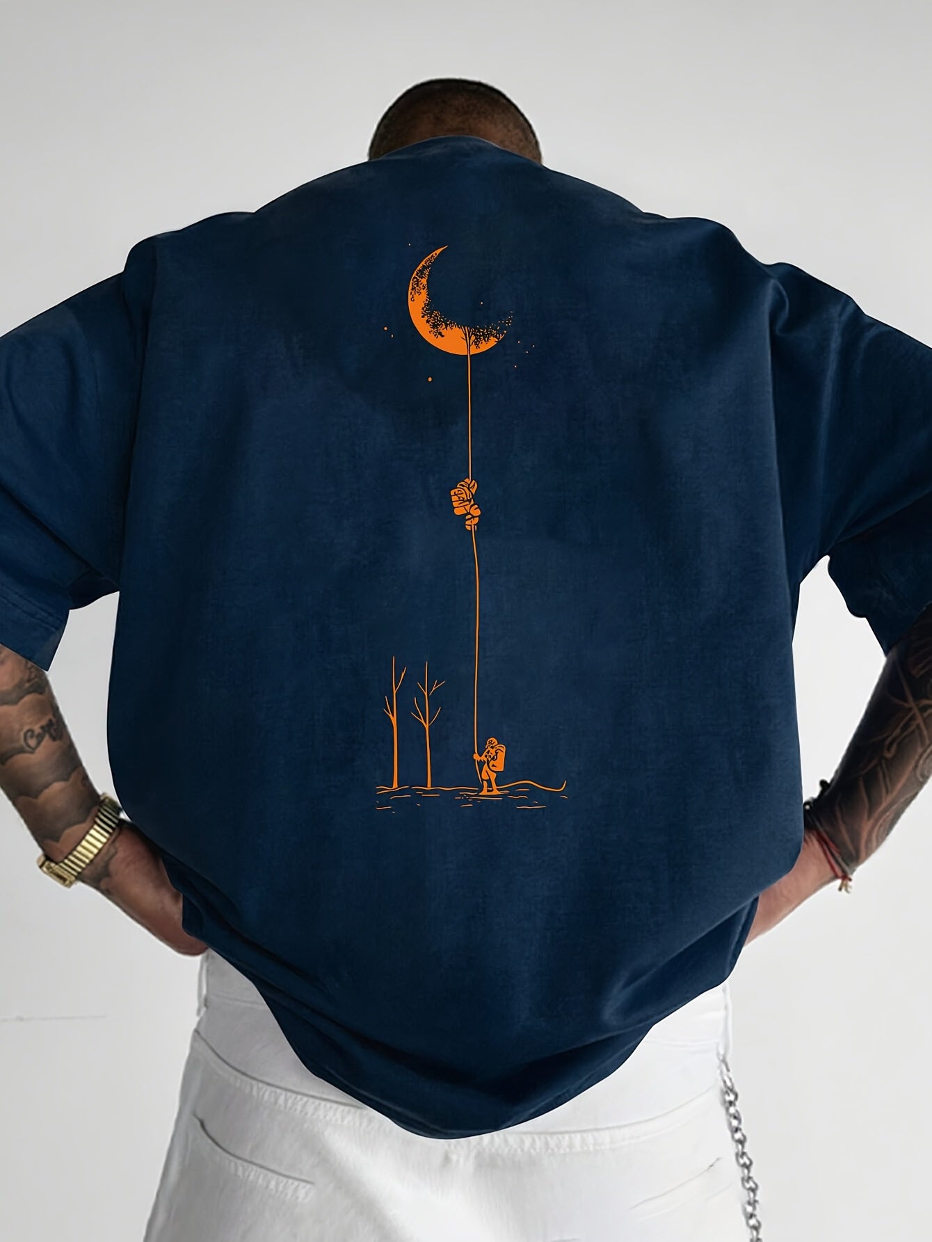 Men's Graphic Print Short Sleeve T-Shirt - Black Relaxed Fit Casual Round Neck, Durable Polyester Fabric, Machine Washable Summer Outdoor Top, Moon And Trees Design | Lightweight Clothing