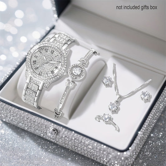 6pcs New Ladies' Gorgeous and Fashionable Silvery Quartz Watch+ New Silvery Jewelry Set Valentine'S Day, Easter, Ramadan, Wedding, Birthday Party, Christmas Horror, Halloween, Give Friends Gifts Eid Al Adha