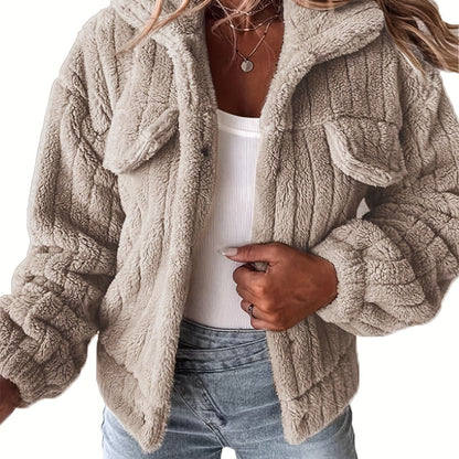 Women's Casual Teddy Jacket with Faux Pockets - Cozy Polyester, Machine Washable, Solid Color for Fall/Winter