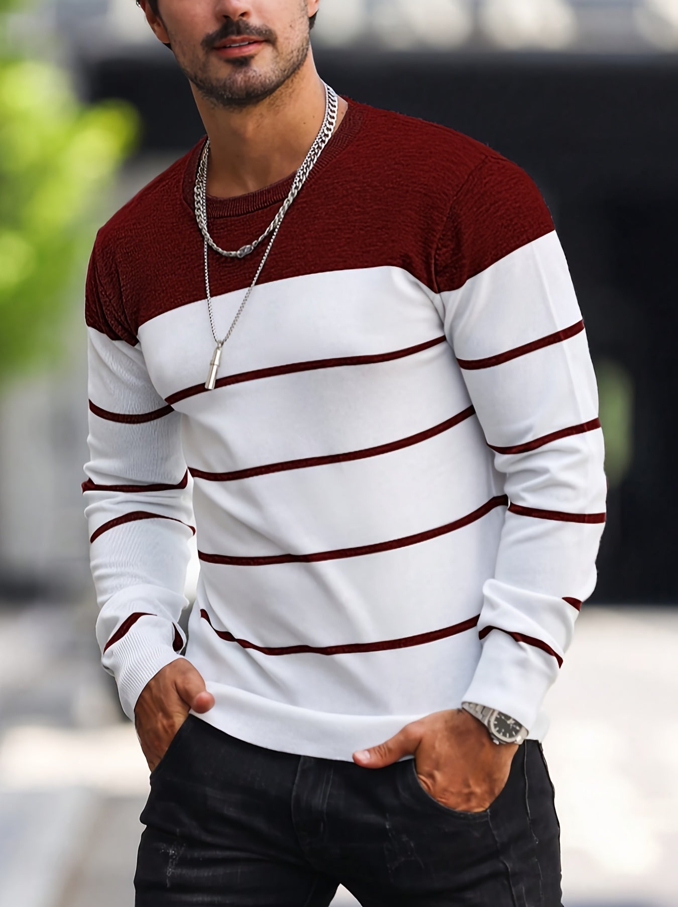 Men's Casual Striped Knit Pullover Sweater - Navy & White Contrast, Regular Fit H-Silhouette, Long Sleeve Crew Neck, Medium Stretch, Machine Washable for Spring & Fall, Mediumstretch Fabric