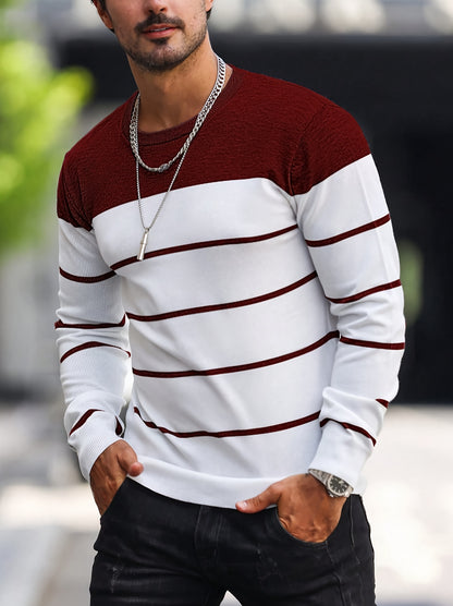 Men's Casual Striped Knit Pullover Sweater - Navy & White Contrast, Regular Fit H-Silhouette, Long Sleeve Crew Neck, Medium Stretch, Machine Washable for Spring & Fall, Mediumstretch Fabric