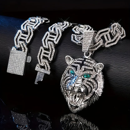 1pc Domineering Green Eyed Tiger Head Shaped Pendant, Paired with a 50.8 cm Rhinestone Cuban Necklace, Suitable for Daily Wear And Gift Giving for Men And Women