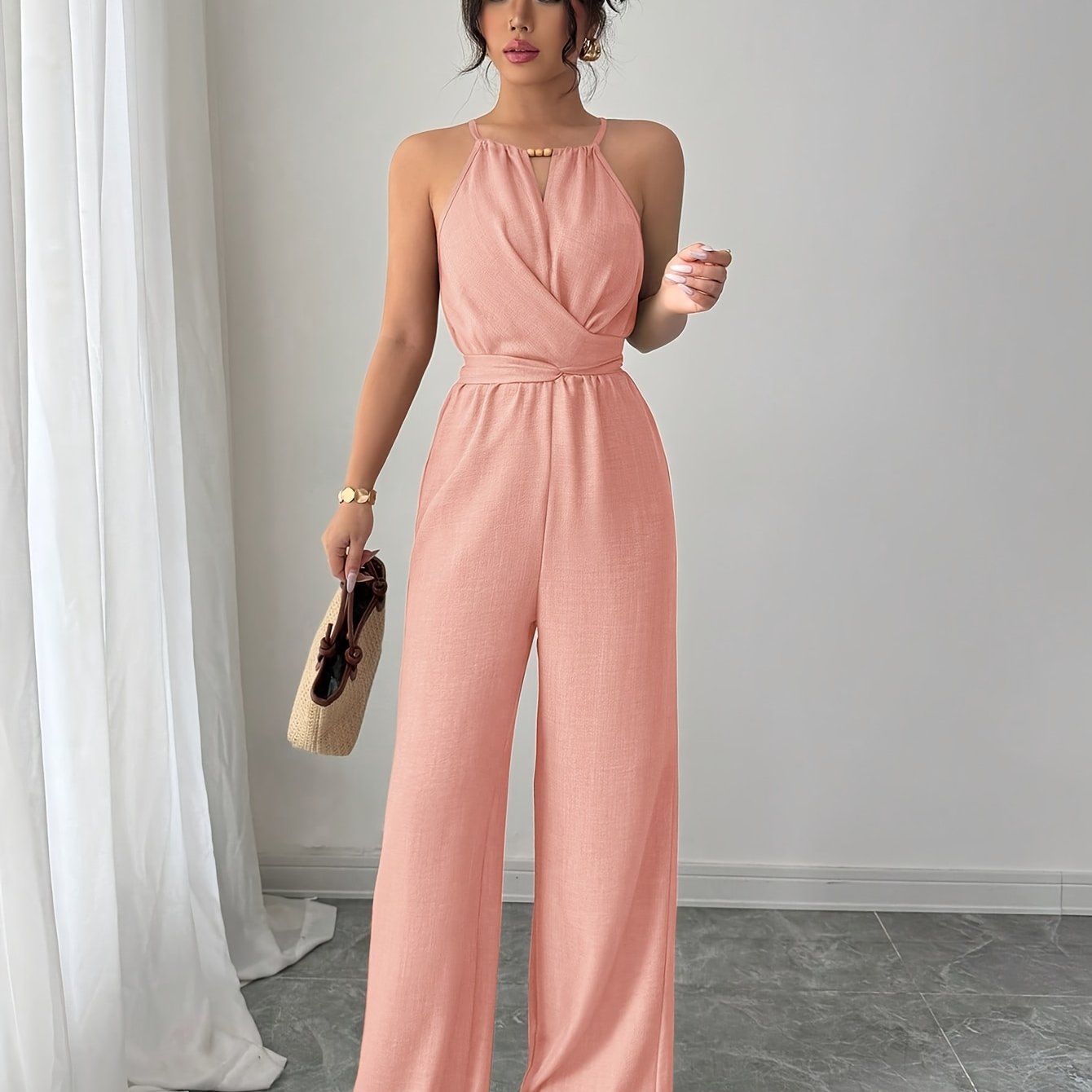 Women'S Elegant Off-Shoulder Twist Front Jumpsuit - Beige Wide-Leg Jumpsuit with Adjustable Waist Tie, Perfect for Spring & Summer Casual or Dressy Outfits, Casual Chic Wear | Offshoulder Fashion | Polyester Fabric