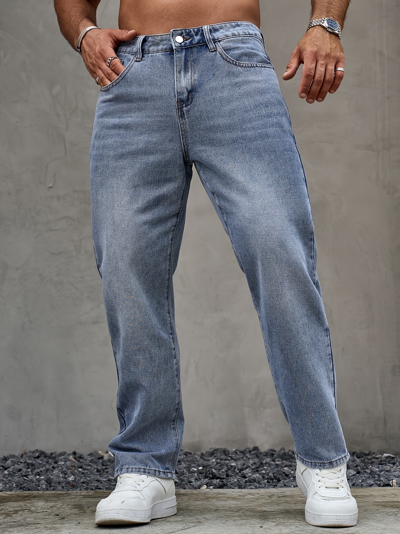 Men's Classic Regular Fit Jeans - Non-Stretch Machine-Washable Denim, Water-Washed Texture, Solid Color Casual Pants for All-Season Casual Attire, Straight Leg Jeans, Versatile Clothing, Durable Construction, Outdoor Clothing