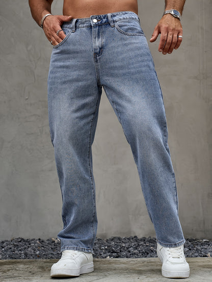 Men's Classic Regular Fit Jeans - Non-Stretch Machine-Washable Denim, Water-Washed Texture, Solid Color Casual Pants for All-Season Casual Attire, Straight Leg Jeans, Versatile Clothing, Durable Construction, Outdoor Clothing