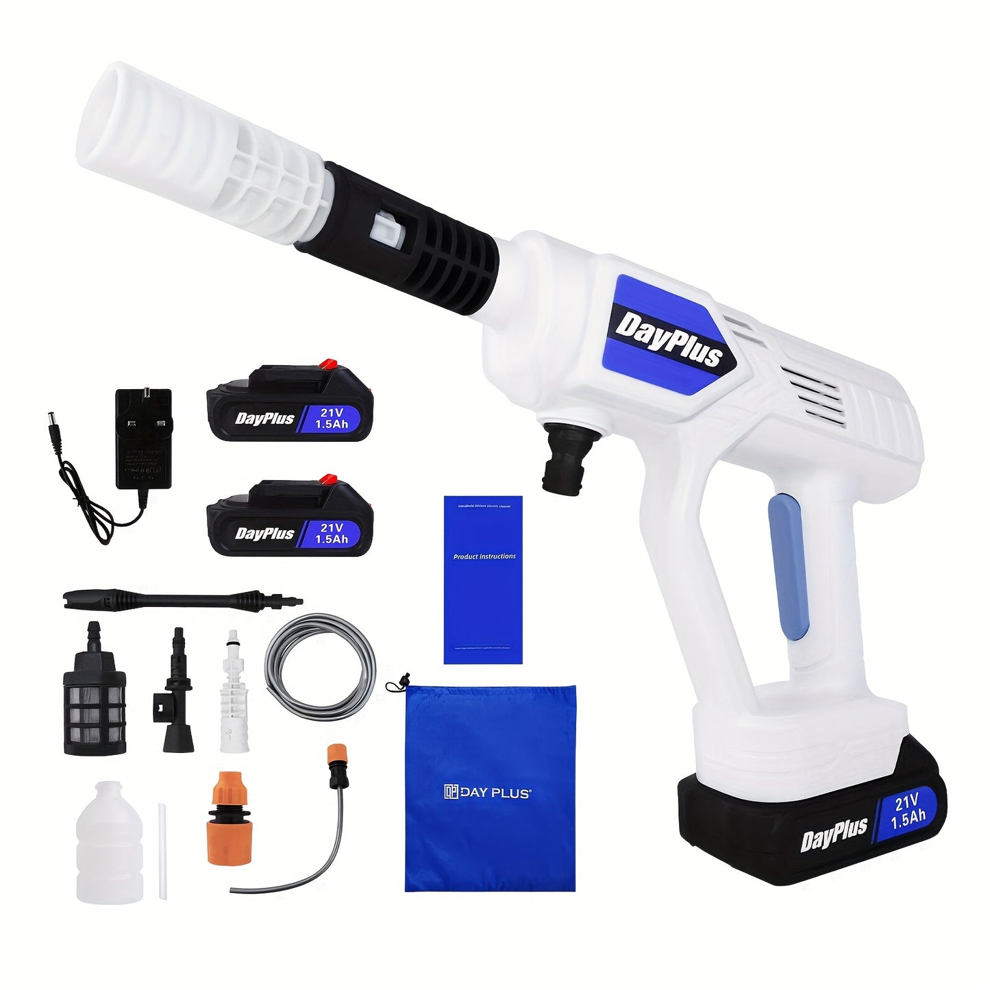Cordless Electric Pressure Washer with 1.5Ah Battery & Fast Charger, 3000PSI High-Pressure Portable Washer, 5m Hose & 2 Water Sources (Bottles/Buckets) for Cars, SUVs, RVs, ATVs, 4X4, 4WD - Includes Nozzle & Spray Gun, Pressu