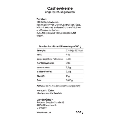 Tuandu Cashew Nuts - Natural - 500g