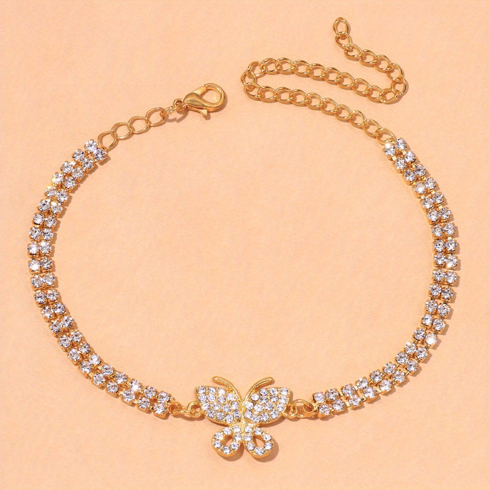Bling Bling Butterfly Cuban Chain Anklet Inlaid Shiny Rhinestone Hip Hop Style Ankle Bracelet For Women Men