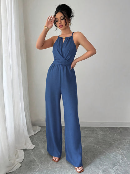 Women'S Elegant Off-Shoulder Twist Front Jumpsuit - Beige Wide-Leg Jumpsuit with Adjustable Waist Tie, Perfect for Spring & Summer Casual or Dressy Outfits, Casual Chic Wear | Offshoulder Fashion | Polyester Fabric