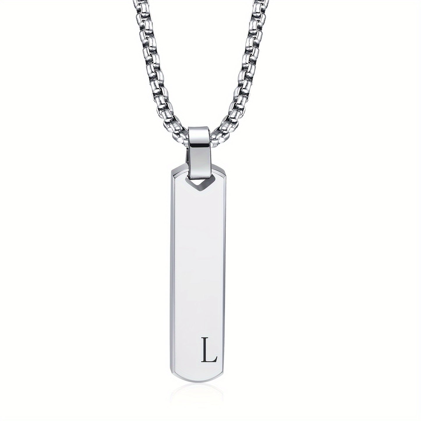 Letter Necklace Pendant Made of Stainless Steel, Featuring a Laser-Etched Design of 26 Letters, Polished for a Stylish 3D Rectangular Look, Suitable for Men.