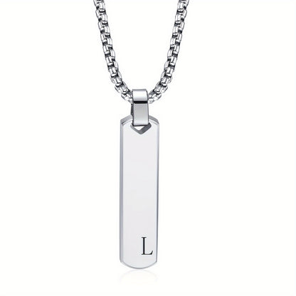 Letter Necklace Pendant Made of Stainless Steel, Featuring a Laser-Etched Design of 26 Letters, Polished for a Stylish 3D Rectangular Look, Suitable for Men.