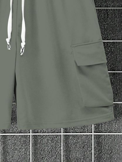 New Loose Fit Breathable Men's Crew Neck Short Sleeve T-Shirt and Workwear Style Multi-Pocket Shorts Set, Summer Casual Sportswear Two-Piece Outfit, Stylish Versatile Top and Pants for Both Men and Women