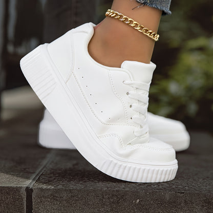 Women's White Low-Top Casual Sneakers - Lightweight Comfortable Lace-Up Shoes with Synthetic Cover Upper, EVA Cushioned Sole & Breathable Fabric Lining for All-Season Versatile Wear, Shoe Laces for Sneakers, Minimalist Design