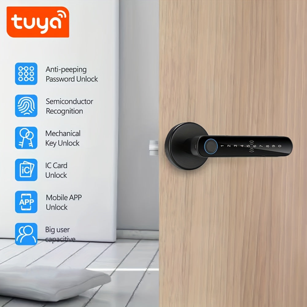 1pc Smart Door Lock with 5 Unlocking Methods (Fingerprint/Password/Card/Key/IC/APP) - Wireless Enabled, Anti-Peeping Sensing, Mechanical Key Backup, Real-Time Status & Unlock Record, Emergency Battery Backup (4 AAA Not Includ