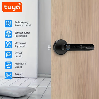 1pc Smart Door Lock with 5 Unlocking Methods (Fingerprint/Password/Card/Key/IC/APP) - Wireless Enabled, Anti-Peeping Sensing, Mechanical Key Backup, Real-Time Status & Unlock Record, Emergency Battery Backup (4 AAA Not Includ