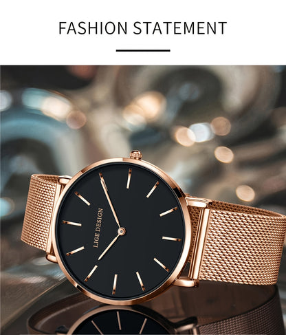 LIGE Women'S Ultra-Thin Quartz Watch with Rose Golden Mesh Strap - Elegant Blue Dial, Minimalist Design, Perfect Gift for Mother'S Day, Christmas, Thanksgiving, Christmas Accessory | Minimalist Watch | Quartz Movement