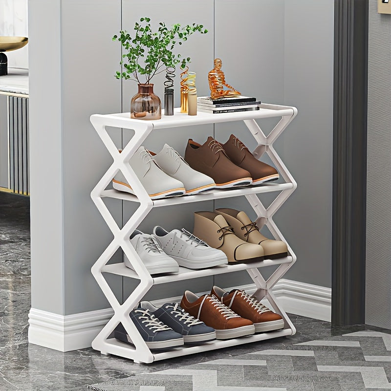 4-Tier Stainless Steel Shoe Rack - Space-Saving, Easy Assembly, Durable Design | Suitable for Entryway and Bedroom | Modern Stylish Look | Multi-Layer Sneaker Storage with Plastic Shelves | Fashionable Contemporary Shoe Organ