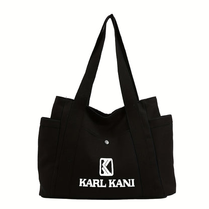 Karl Kani Women'S Large Capacity Tote Bag - Lightweight Durable Polyester Shoulder Bag with Zipper Closure, Stylish Black & White Print Design, Perfect for Shopping, Commuting, and Travel, Versatile Carryall | Minimalist Desi