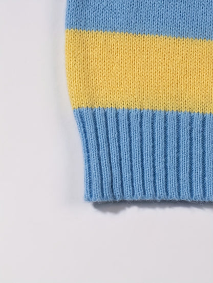 Unisex Streetwear Loose Fit Striped Knit Sweater - Long Sleeve Round Neck All-Season Casual Pullover with Yellow & Blue Horizontal Stripes, Hand Wash Only
