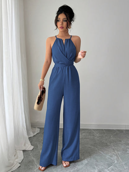 Women'S Elegant Off-Shoulder Twist Front Jumpsuit - Beige Wide-Leg Jumpsuit with Adjustable Waist Tie, Perfect for Spring & Summer Casual or Dressy Outfits, Casual Chic Wear | Offshoulder Fashion | Polyester Fabric