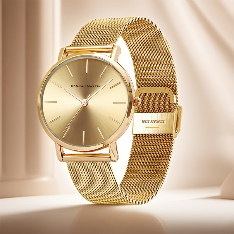 New Arrival 1pc Fashionable 's Rose Golden Watch, Golden & Silvery Stainless Steel Mesh Strap, Gorgeous Quartz Watch, Suitable for Daily Vacation Banquet Wear, Comes with Black Exquisite Box and Also Suitable as Gift - Girlfr