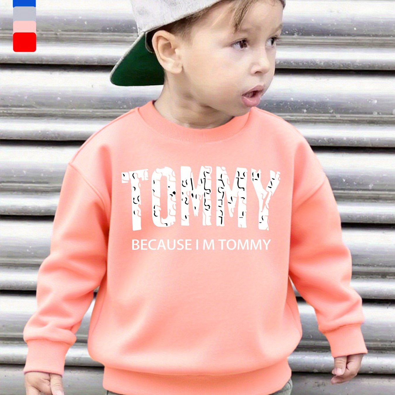 Boys' Casual Fleece-Lined Long Sleeve Sweatshirt with "TOMMY" Letter Print - Cozy Loose Fit Round Neck Pullover for Fall/Winter Outdoor Activities, 3+ Years Old, 6 Color Options, Sweater for Boy, Kids Winter Wear, Playful Kid