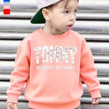 Boys' Casual Fleece-Lined Long Sleeve Sweatshirt with "TOMMY" Letter Print - Cozy Loose Fit Round Neck Pullover for Fall/Winter Outdoor Activities, 3+ Years Old, 6 Color Options, Sweater for Boy, Kids Winter Wear, Playful Kid