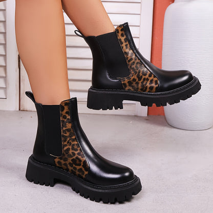 Women'S Slip-On Chelsea Boots - Thick Platform Mid-Calf, Round Toe & Cushioned Sole, Soft Rubber Sole, Elastic Lining, Solid Black Versatile Boots for Autumn/Winter Commuting & Casual Wear, Comfortable Footwear, Fashionforwar