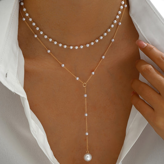 1pc Elegant Double Layer Faux Pearl Tassel Necklace - Vintage Style, Zinc Alloy, Adjustable Bead Count for Daily & Party Wear, All-Season Accessory