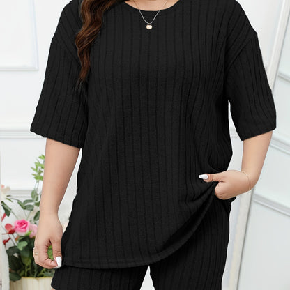 Women's Casual Lounge Set, Plus Size Solid Ribbed Short Sleeve Round Neck Top & Shorts Pajamas 2 Piece Set