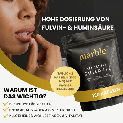 Marble Shilajit Original Himalaya Capsules with MCT Oil - Mumijo Shilajit 120pcs Ultra High-Dose in a Bag - 1536 Mg Daily Dose Vegan - Filled And Laboratory-Tested in Germany - Made in Germany