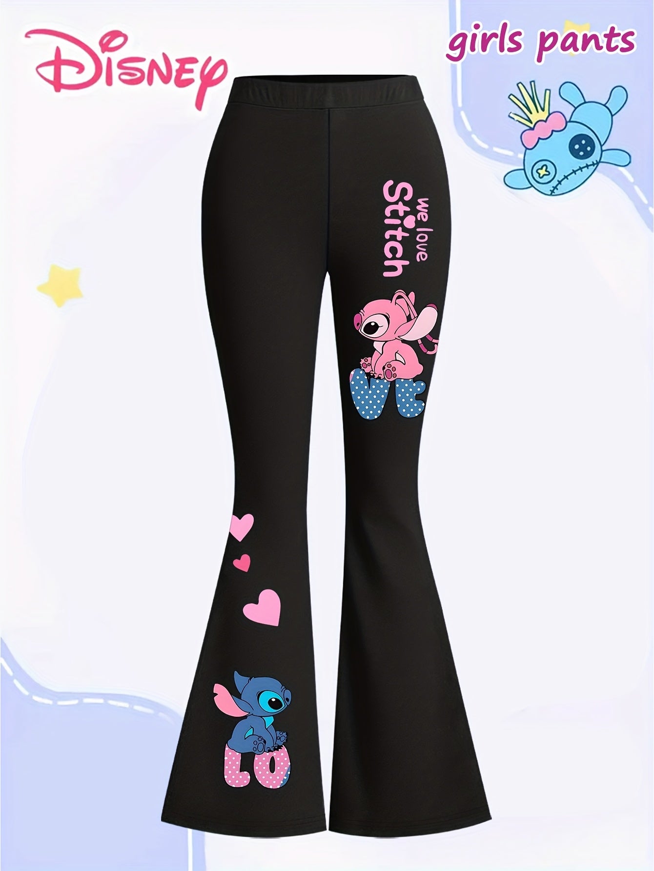 Disney Stitch Girls' Flare Pants - Official Stitch Character Design with Bell Bottoms, Grey with Pink Accents, Machine Washable Birthday Outfit for Disney Fans (Kids Girls) - Perfect Gift for Stitch Lovers, Everyday Kids Clot