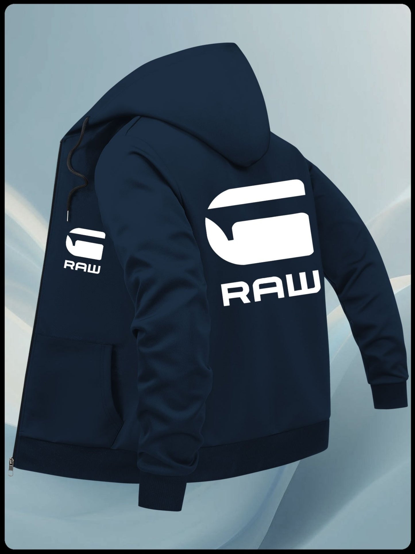 Men'S Casual Hooded Jacket with "RAW" Graphic Print - Light Gray Zip-Up Coat, Polyester Lining, Regular Fit, Front Pockets, Casual Outerwear | Trendy Casual Jacket | Polyester Lined Interior