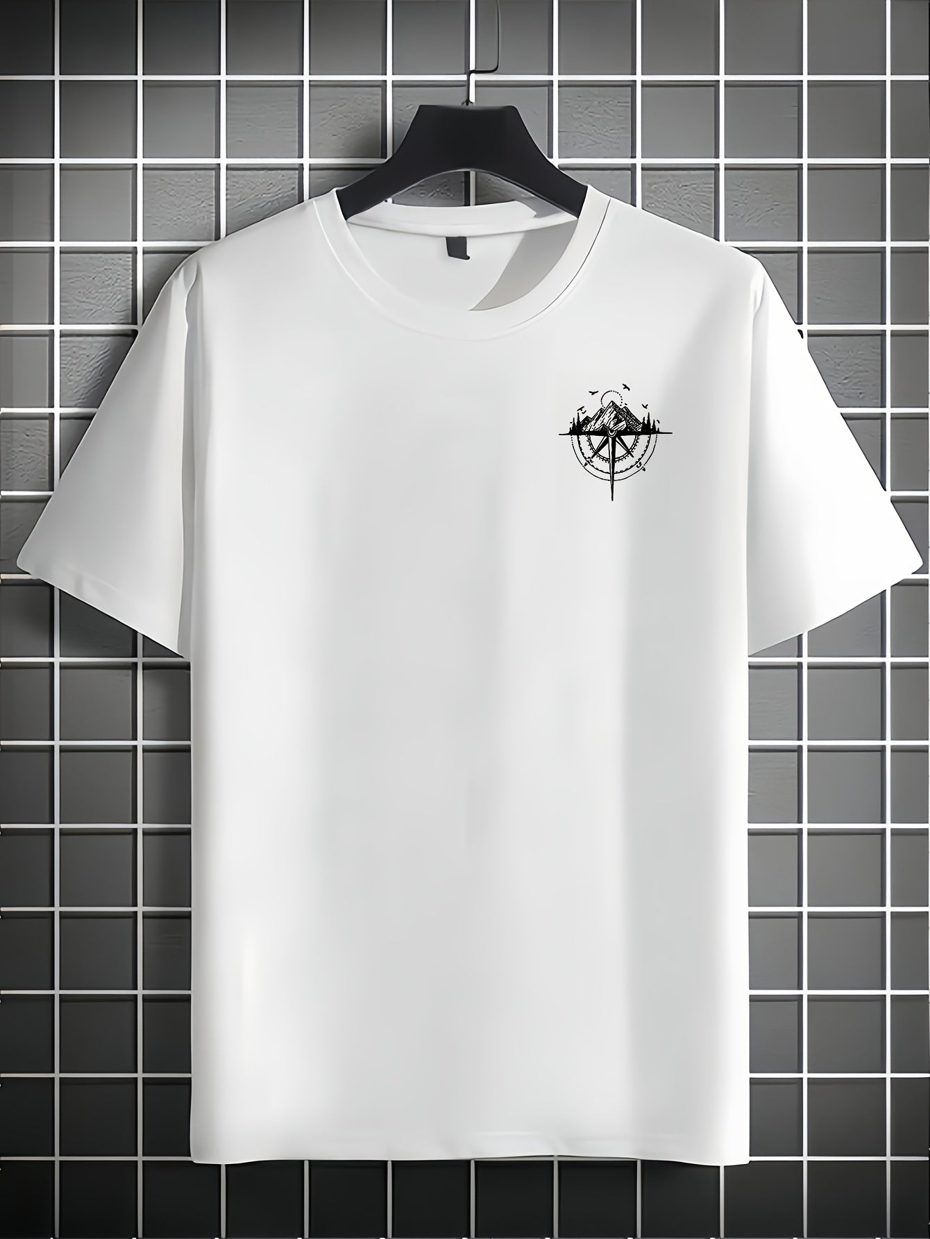 Men's Short Sleeve T-Shirt 100% Polyester Loose Fit Casual Round Neck Navy Blue with Golden Compass Rose Mountain Print - Summer Outdoor Adventure Graphic Tee, Modern Casual Top | Easy Care Clothing
