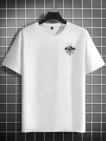 Men's Short Sleeve T-Shirt 100% Polyester Loose Fit Casual Round Neck Navy Blue with Golden Compass Rose Mountain Print - Summer Outdoor Adventure Graphic Tee, Modern Casual Top | Easy Care Clothing