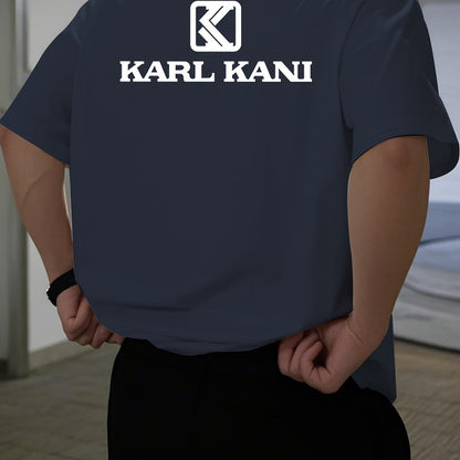 Men'S Casual Crew Neck T-Shirt with "KARL KANI" Graphic - Breathable, Moisture-Wicking, Short Sleeve, Regular Fit, Geometric Pattern, Ideal for Home & Outdoor Activities, All-Season Comfort, Outdoor Clothing | Relaxed Fit Shi