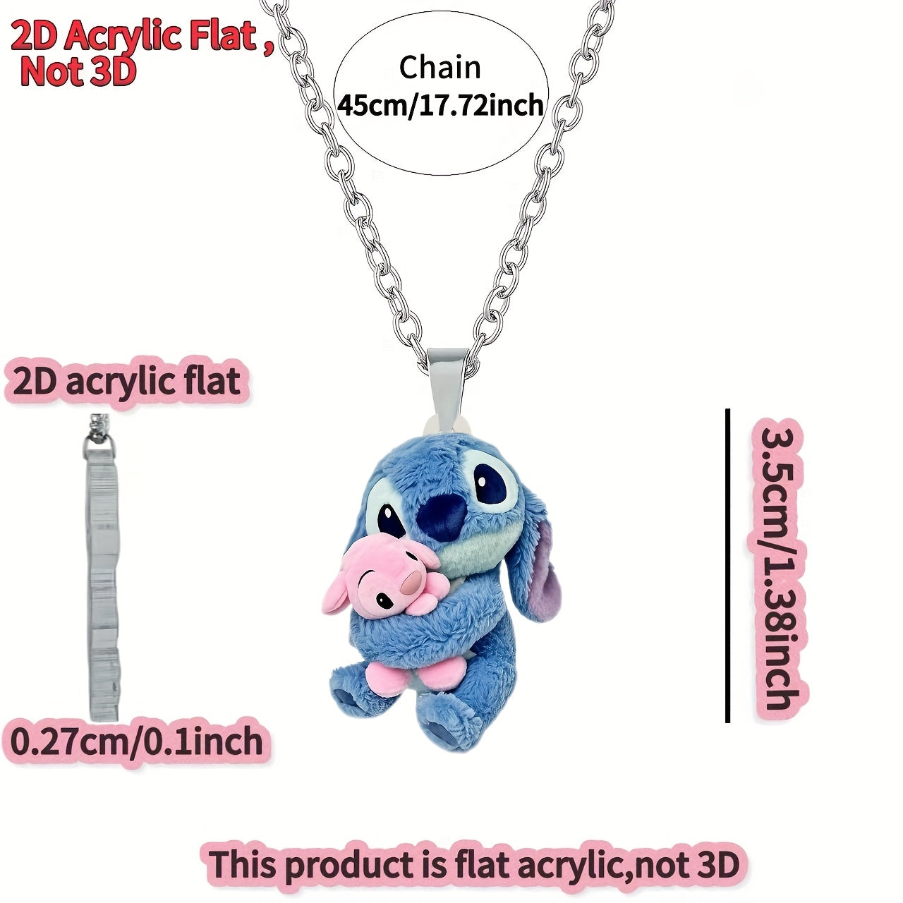 2D Flat - 1pc Stitch & Pink Stitch 2D Acrylic Flat Pendant Necklace for Women - Stylish Sweater Chain, Ideal Gift for Birthdays & Parties, 0.27cm/0.1inch, Birthday Party Accessory | Playful Design | Durable Chain, Stitch Acce