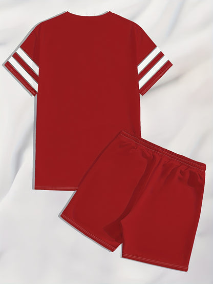 Summer Men's T-Shirt Set with Unique Digital Line Letter Print and Baseball Element Shorts Two-Piece Outfit